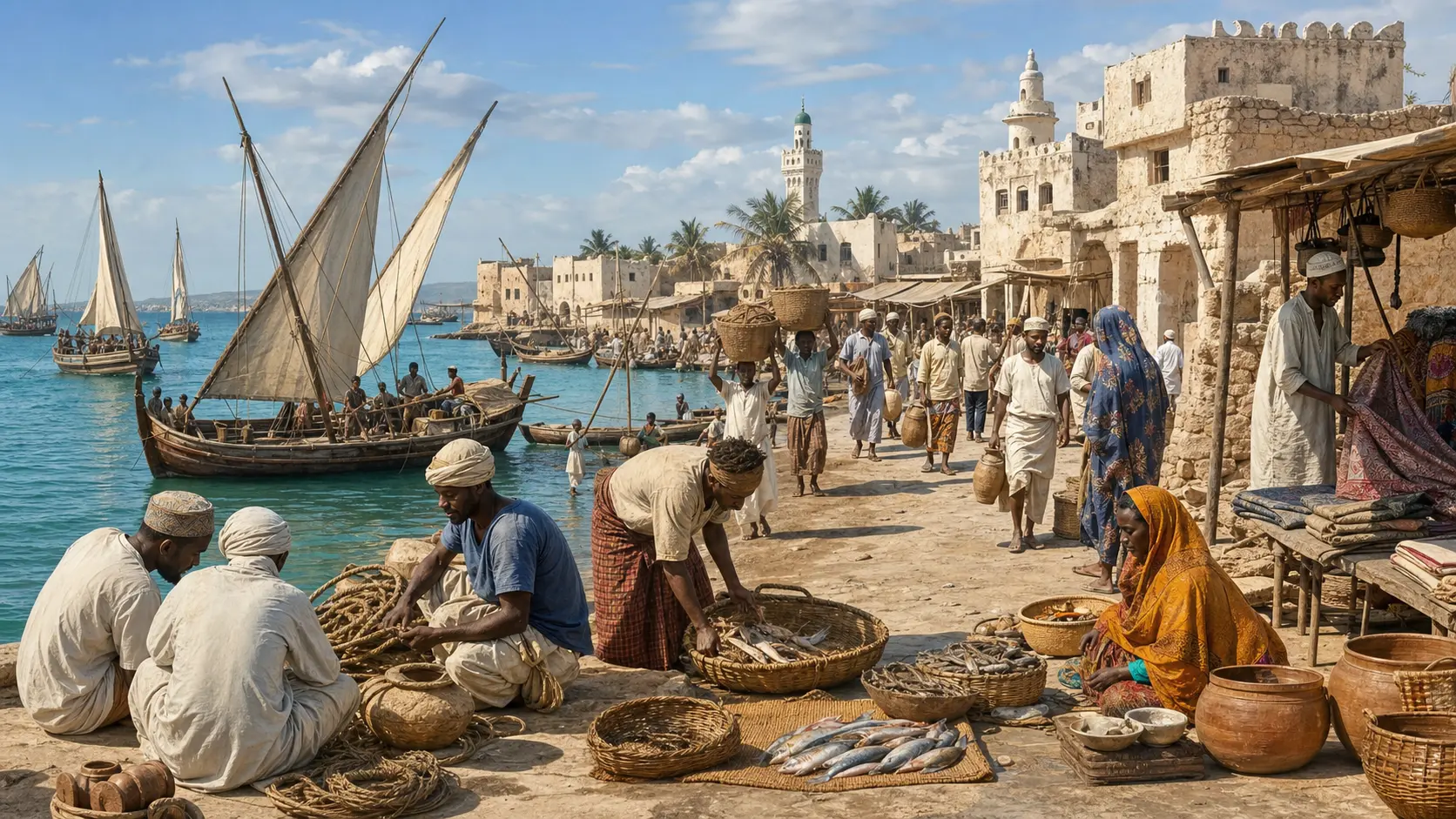 Illustration of Mogadishu's harbor, market, and coral-stone neighborhoods during the 13th and 14th centuries.