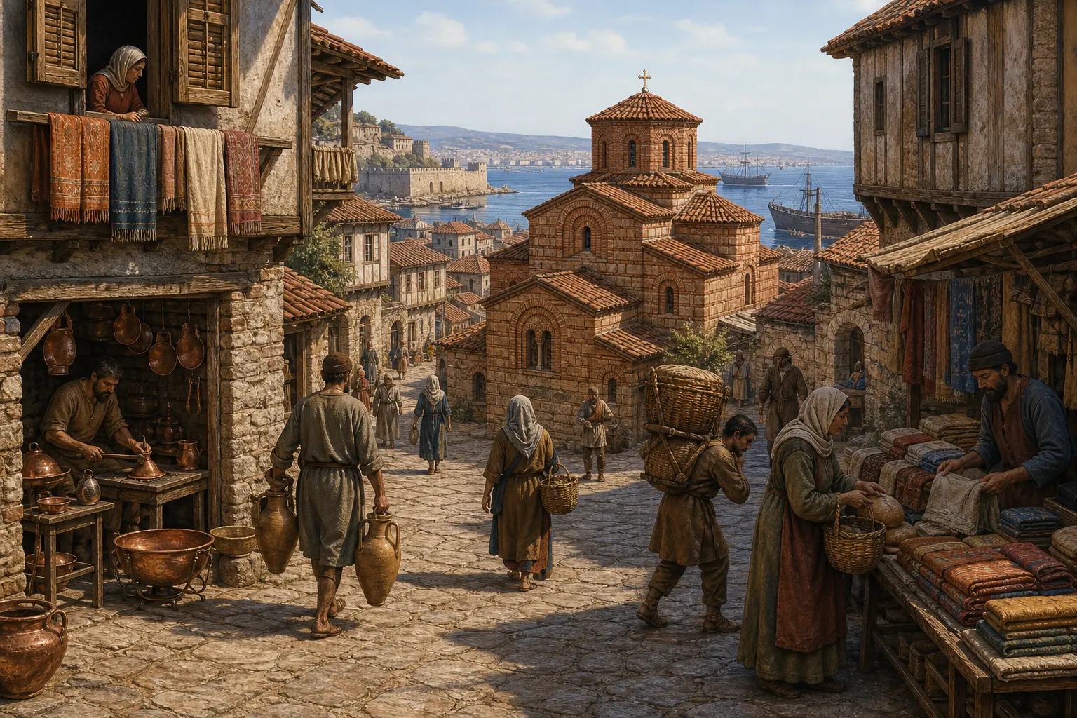 Historical illustration of residents carrying water, selling textiles, and working copper in 11th-century Thessaloniki.