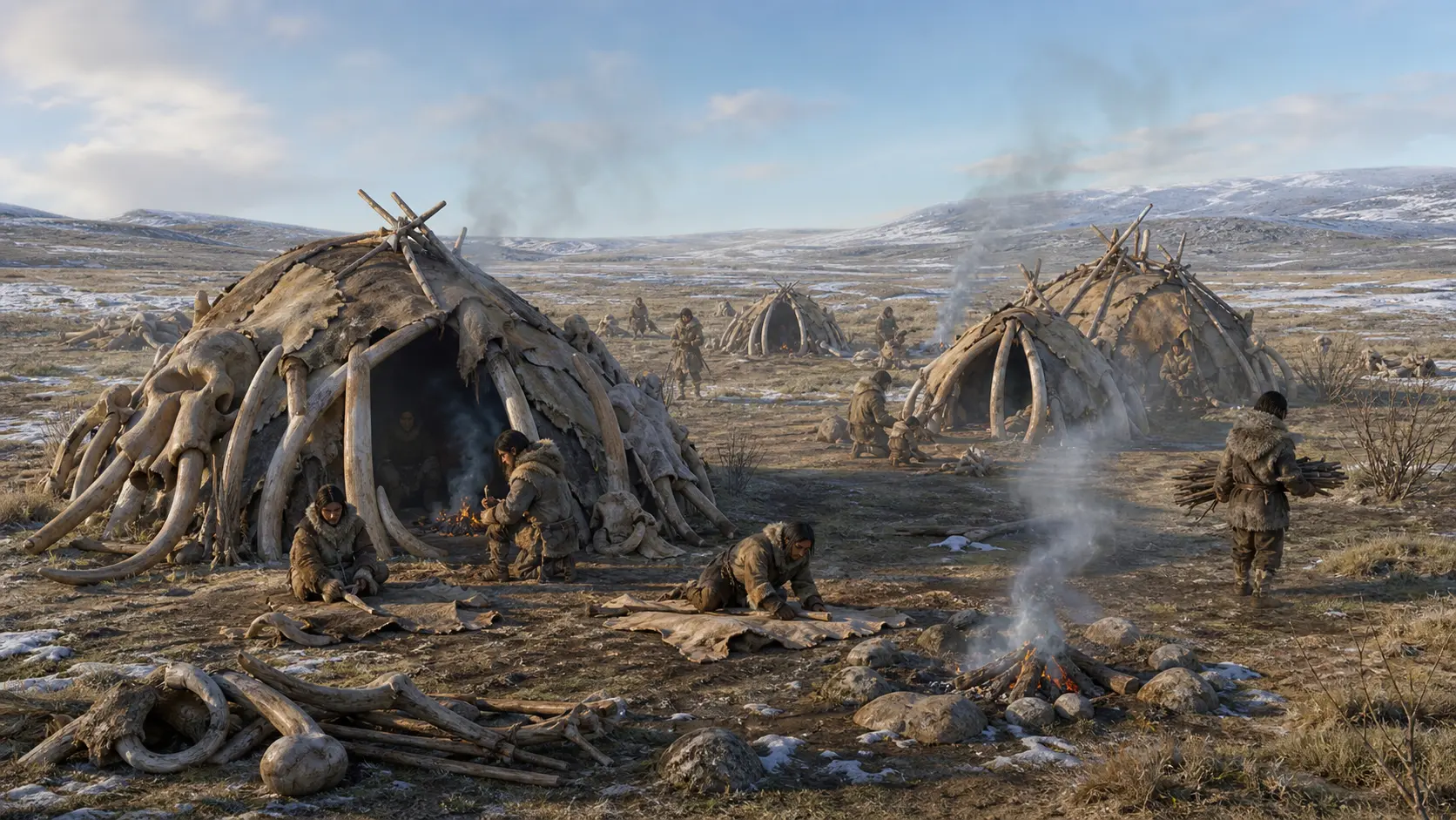 Reconstruction of a Gravettian mammoth bone camp with hide shelters, hearths, and daily work.